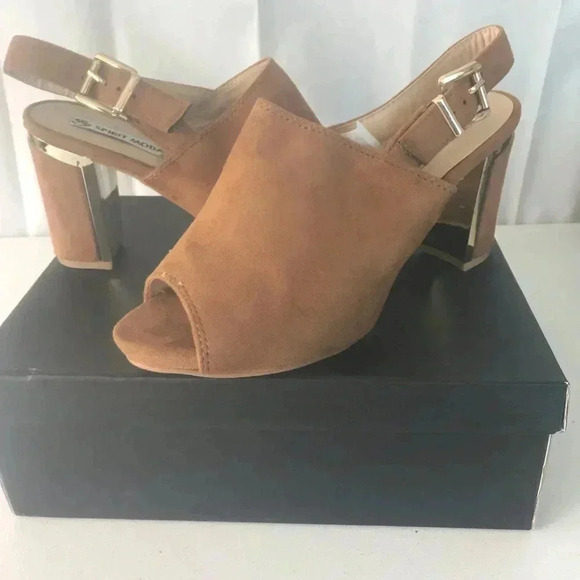 NIB!Spirit Moda Tan -Peek toe -gold back heel Chucky shoes size 9 - Picture 1 of 11